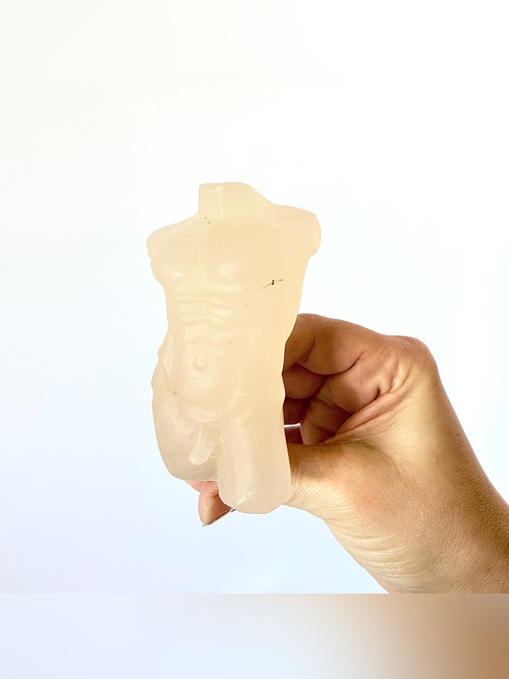 Carved Peach Calcite Nude Male Torso Sculpture – 298g Figure